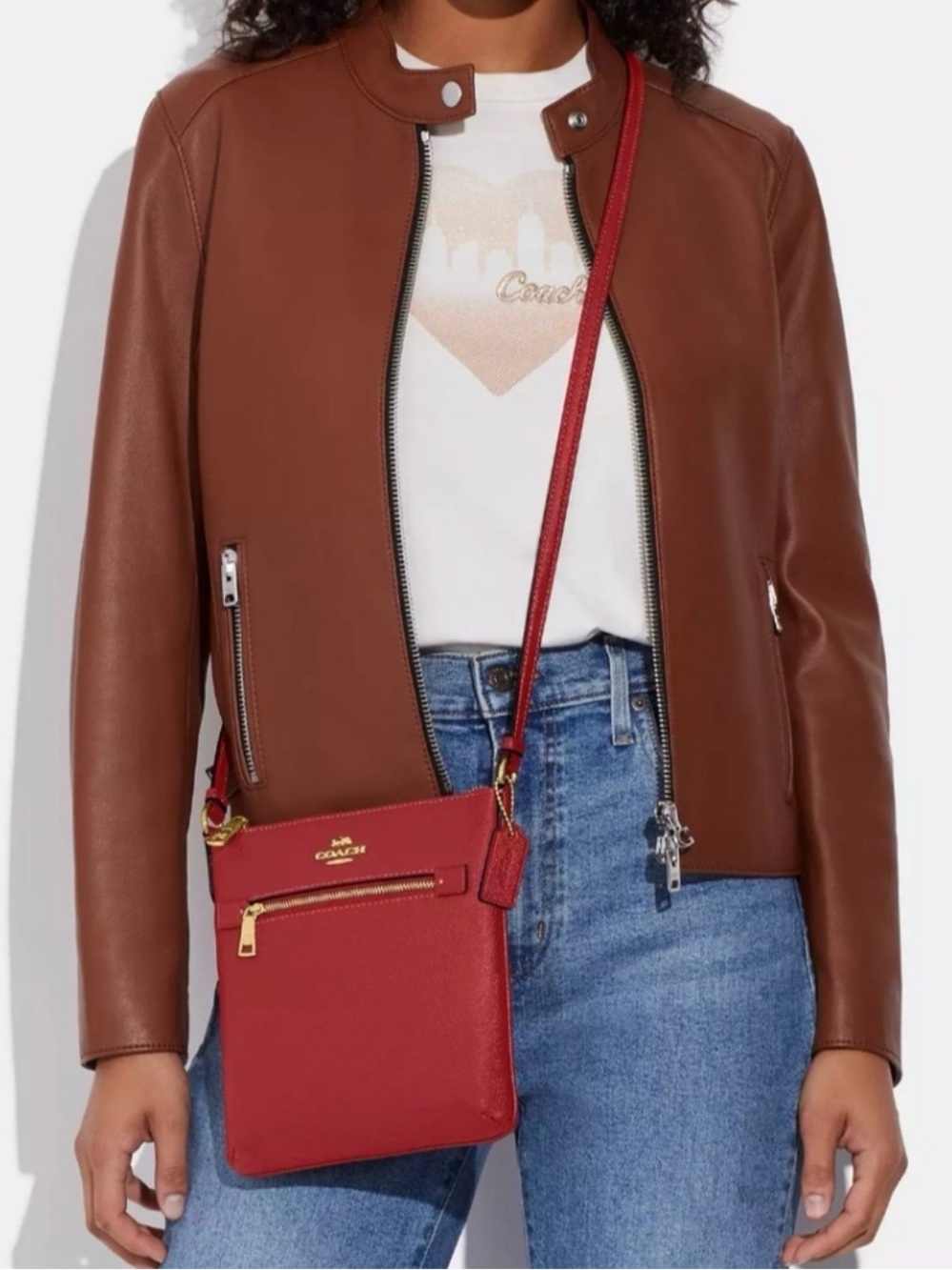 Coach mini Rowan file bag in red pebbled leather.